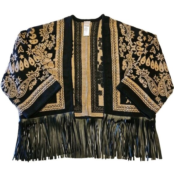 Chicos Fringe Ruana Wrap Sweater Coat Womens S/M Brown Black Floral Faux Leather - Picture 6 of 13